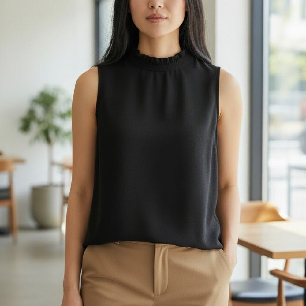 Simone Chin Chin Black Ruffled Neck Cropped Sleeveless Silk Top Size Medium